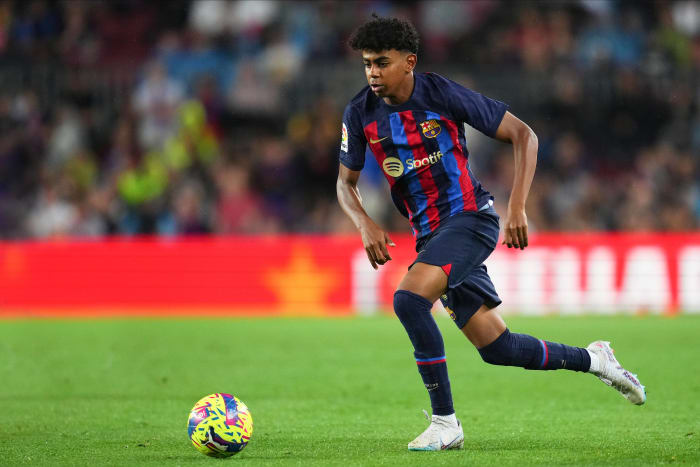 Lamine Yamal pictured during his Barcelona debut aged 15 years and 290 days in April 2023